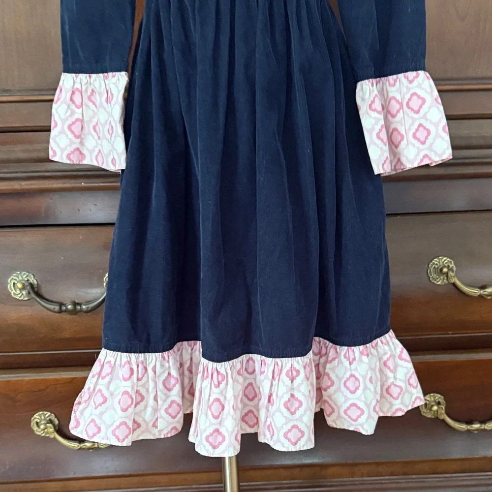 Shrimp & Grits Kids Elephant Applique Smocked Dress Girls 6 Navy Pink Tie Back B